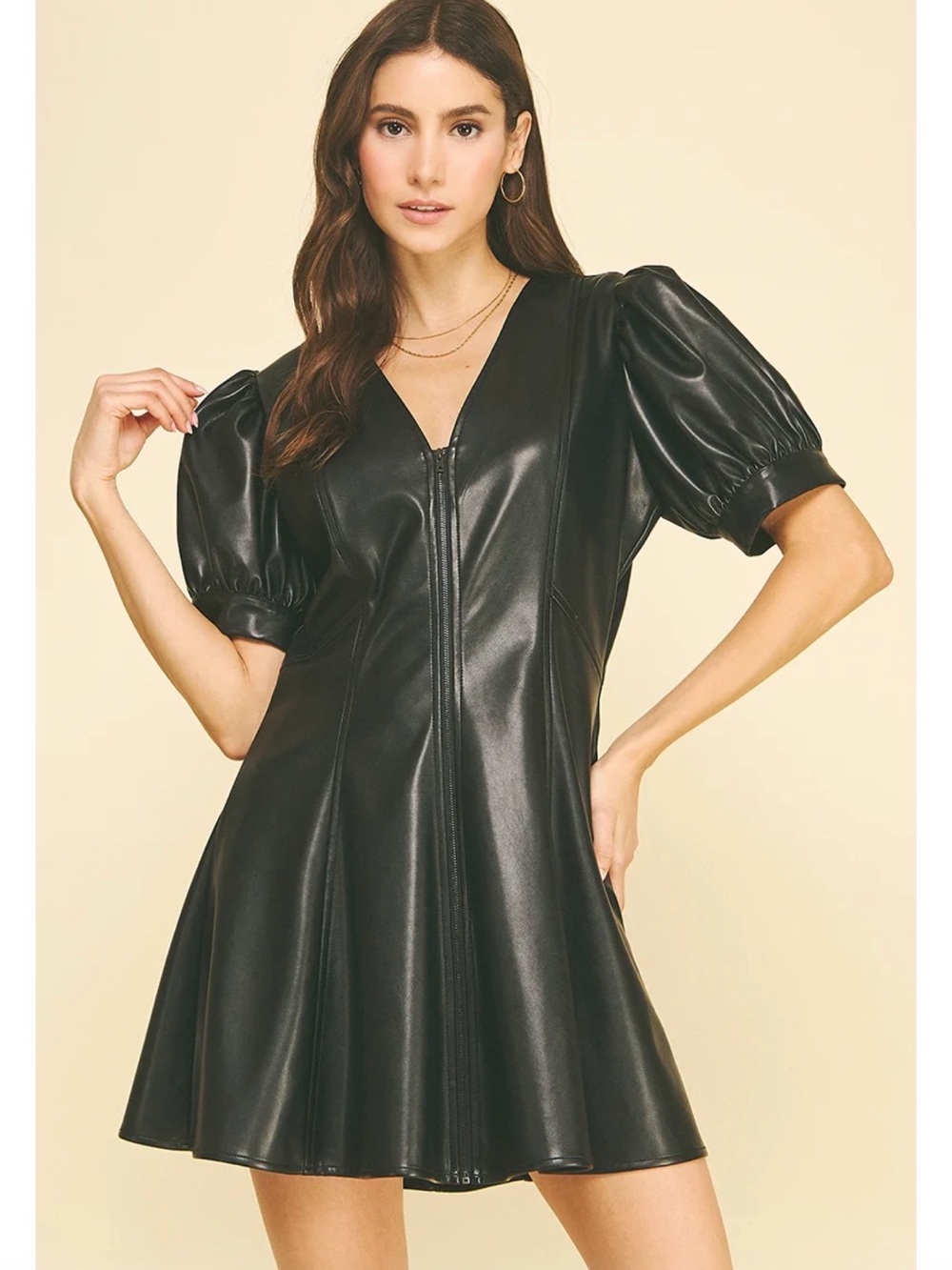 PINCH Black Faux Leather Puff Sleeve Mini Dress Size M NWT